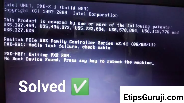 pxe-e61 media test failure check cable boot error