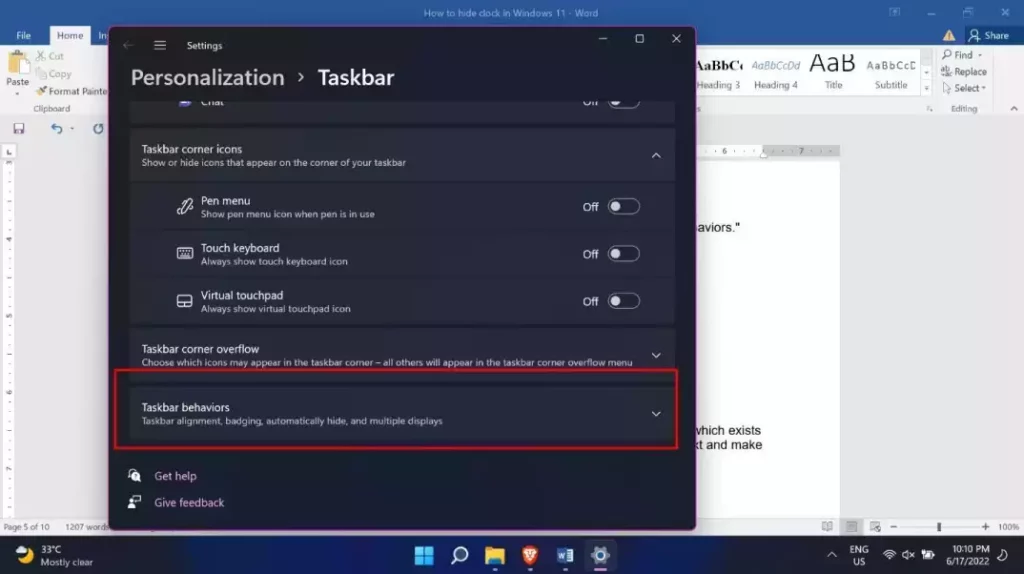 click on Taskbar Behaviors tab