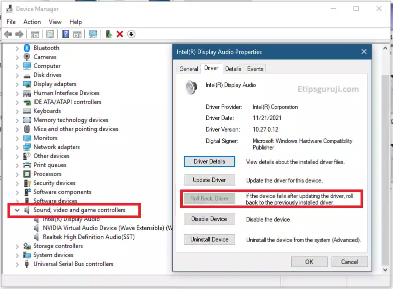 Rollback Audio Driver in Device Manager